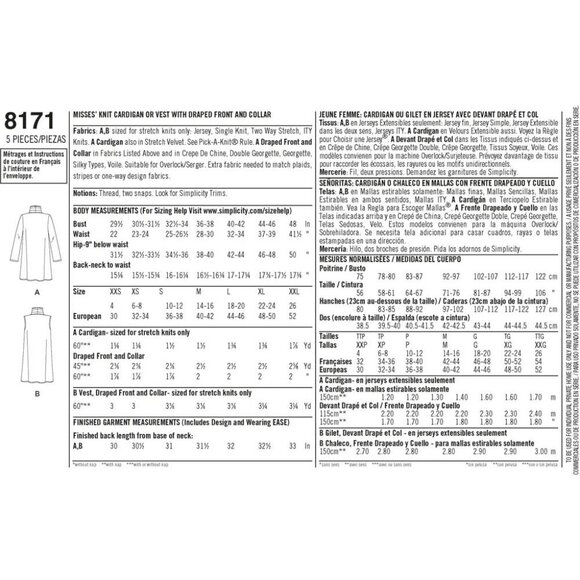 Misses Knit Cardigan Vest Pattern Draped Front Collar Simplicity 8171 XXS-XXL - Picture 2 of 9